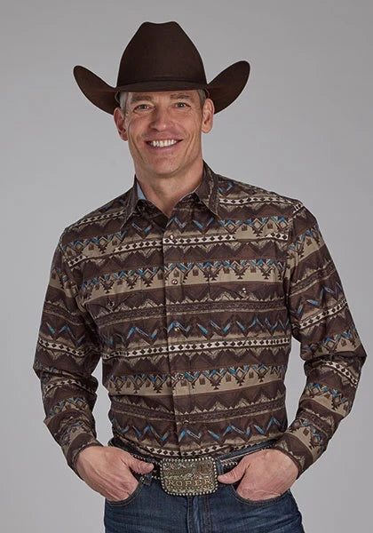 Roper 2175 Distressed Aztec Print (Brown) - Men's Western Shirt