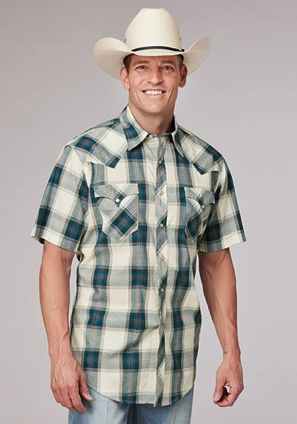 Roper 2006 Tile Plaid (White) - Men's Short Sleeve Shirt