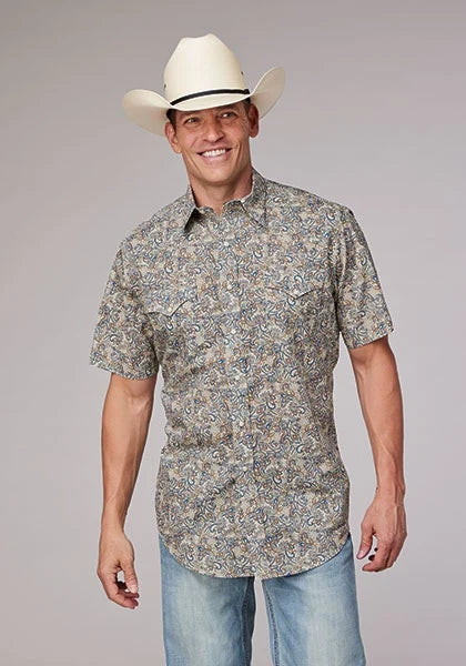 Roper 2009 Sketchy Paisley Print (Brown) - Men's Short Sleeve Shirt