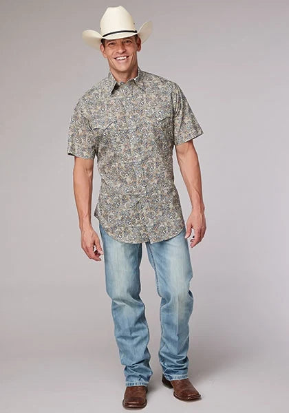 Roper 2009 Sketchy Paisley Print (Brown) - Men's Short Sleeve Shirt