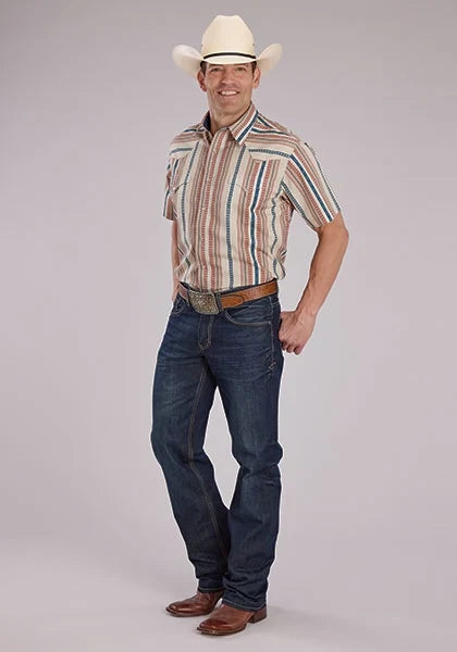 Roper 2469 Southwest Stripe (Tan) - Men's Short Sleeve Shirt