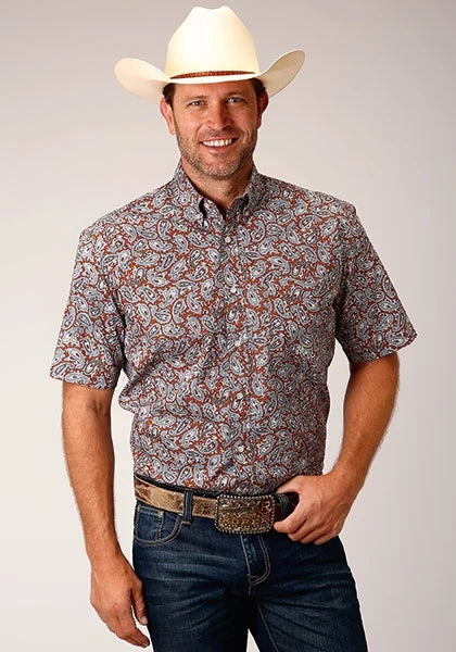 Roper 1453 Spring Paisley (Orange) - Men's Short Sleeve Shirt