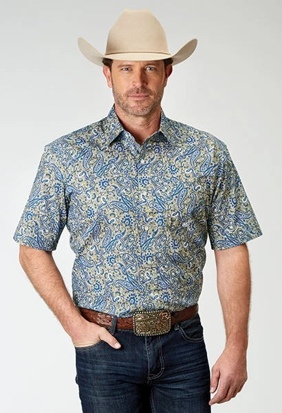Roper 1933 Delft Paisley (Blue) - Men's Short Sleeve Shirt