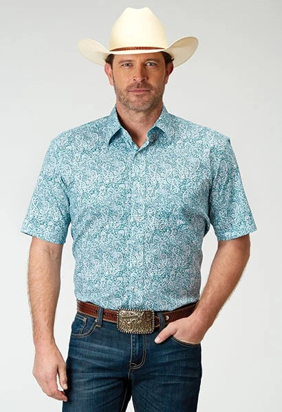 Roper 1944 Stretch Paisley (Blue) - Men's Short Sleeve Shirt