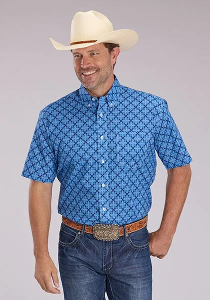 Roper 2497 Ribbon Medallion (Blue) - Men's Short Sleeve Shirt