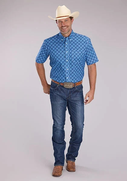 Roper 2497 Ribbon Medallion (Blue) - Men's Short Sleeve Shirt