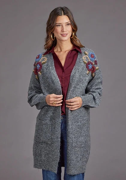 Stetson 2264 Embroidered Cardigan (Grey) - Women's Sweater
