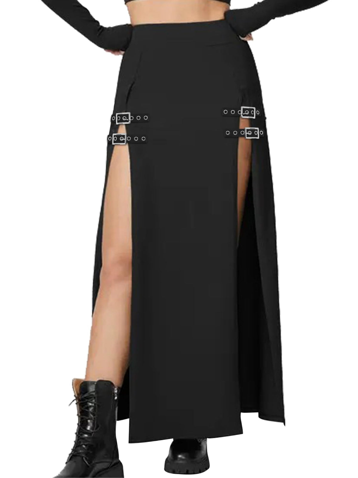 Black Punk Gothic Rave Maxi Skirts with Double Buckle Split for Women Long Goth High Waist Club Party Slit Skirt
