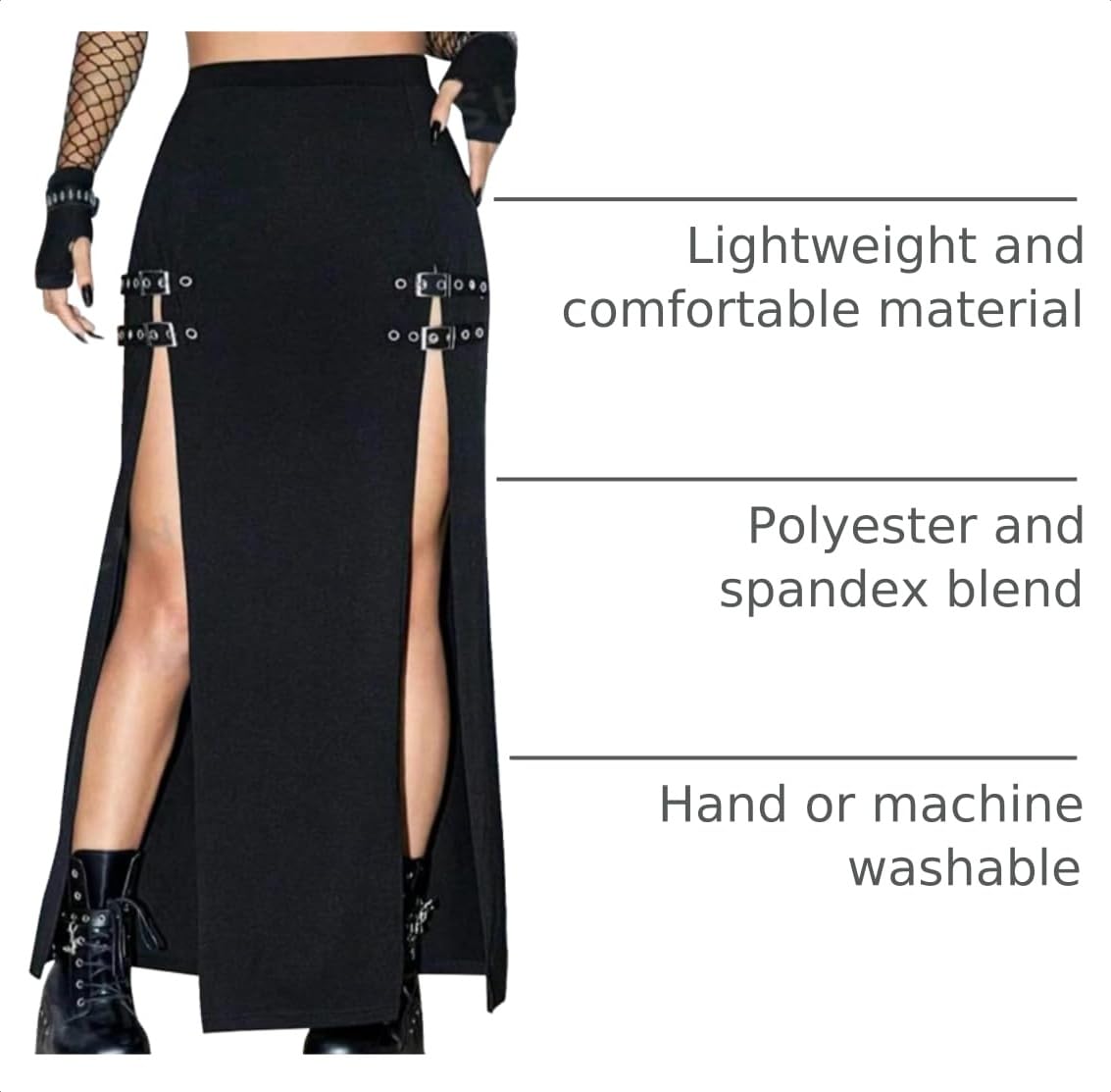Black Punk Gothic Rave Maxi Skirts with Double Buckle Split for Women Long Goth High Waist Club Party Slit Skirt