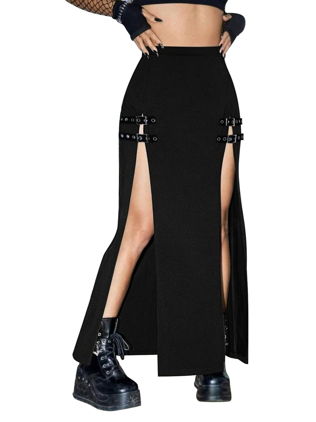 Black Punk Gothic Rave Maxi Skirts with Double Buckle Split for Women Long Goth High Waist Club Party Slit Skirt