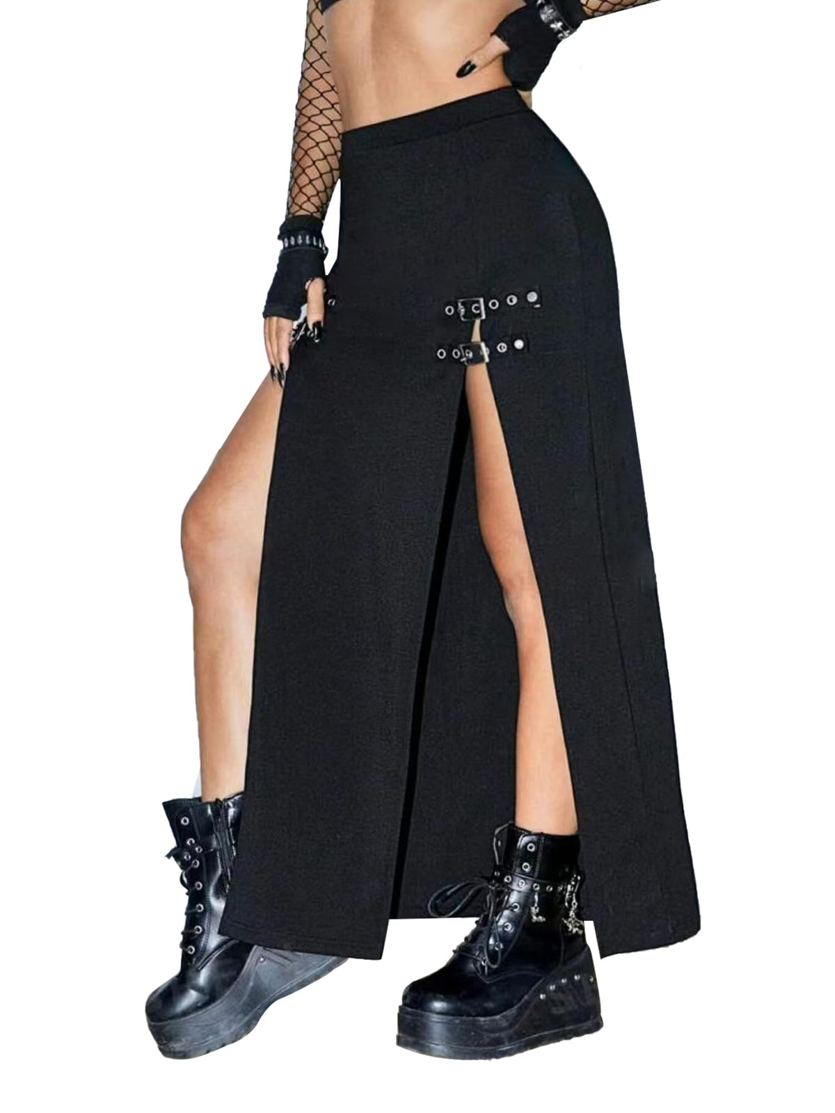Black Punk Gothic Rave Maxi Skirts with Double Buckle Split for Women Long Goth High Waist Club Party Slit Skirt