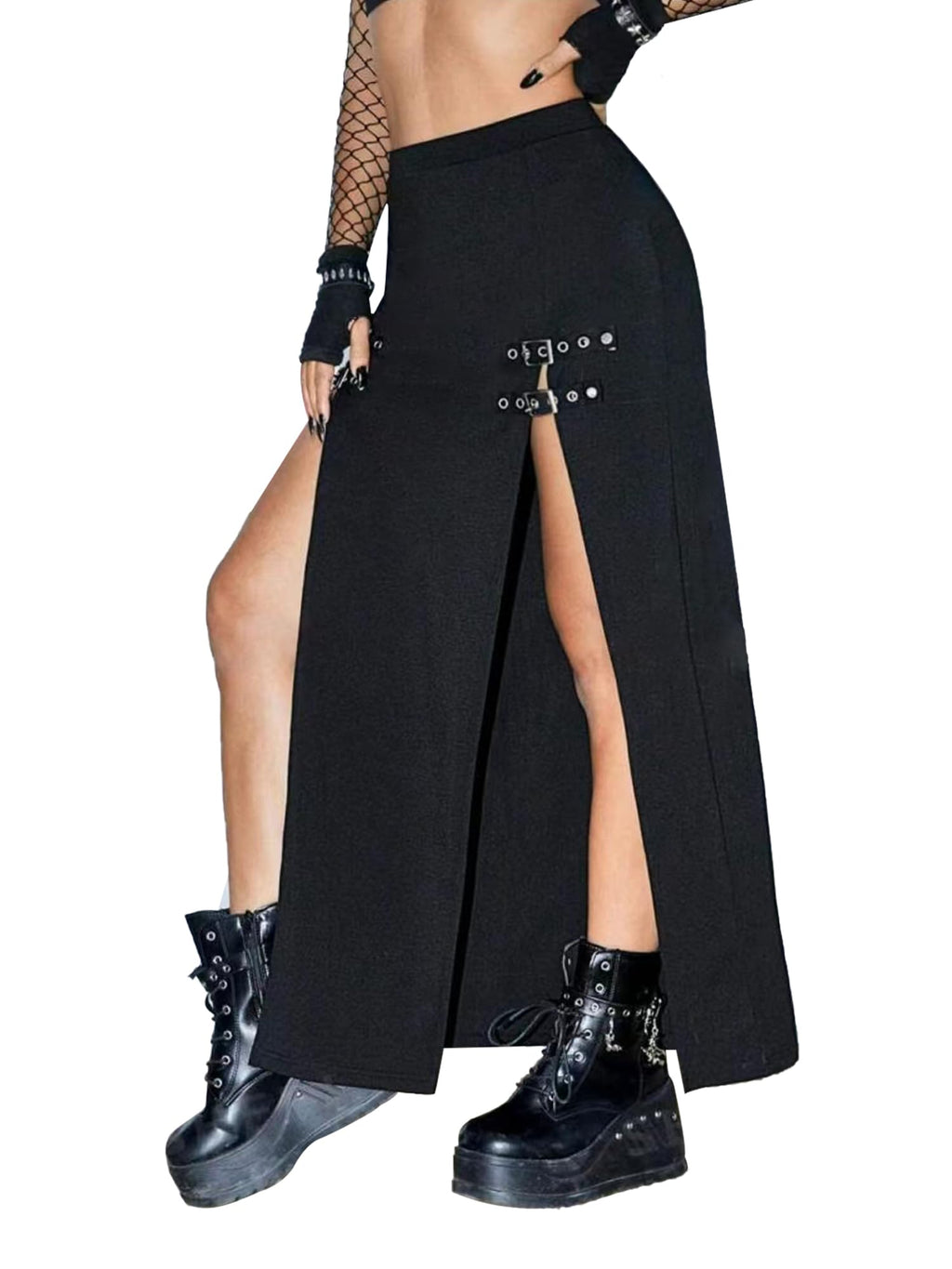 Black Punk Gothic Rave Maxi Skirts with Double Buckle Split for Women Long Goth High Waist Club Party Slit Skirt