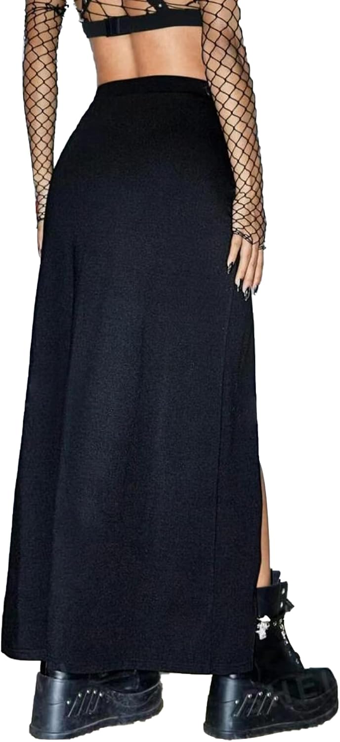 Black Punk Gothic Rave Maxi Skirts with Double Buckle Split for Women Long Goth High Waist Club Party Slit Skirt