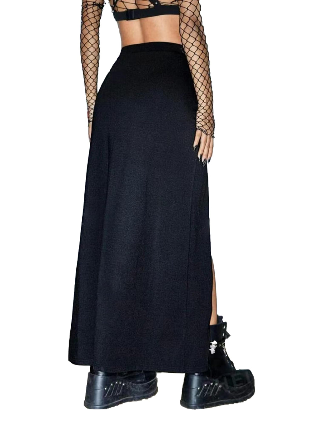 Black Punk Gothic Rave Maxi Skirts with Double Buckle Split for Women Long Goth High Waist Club Party Slit Skirt
