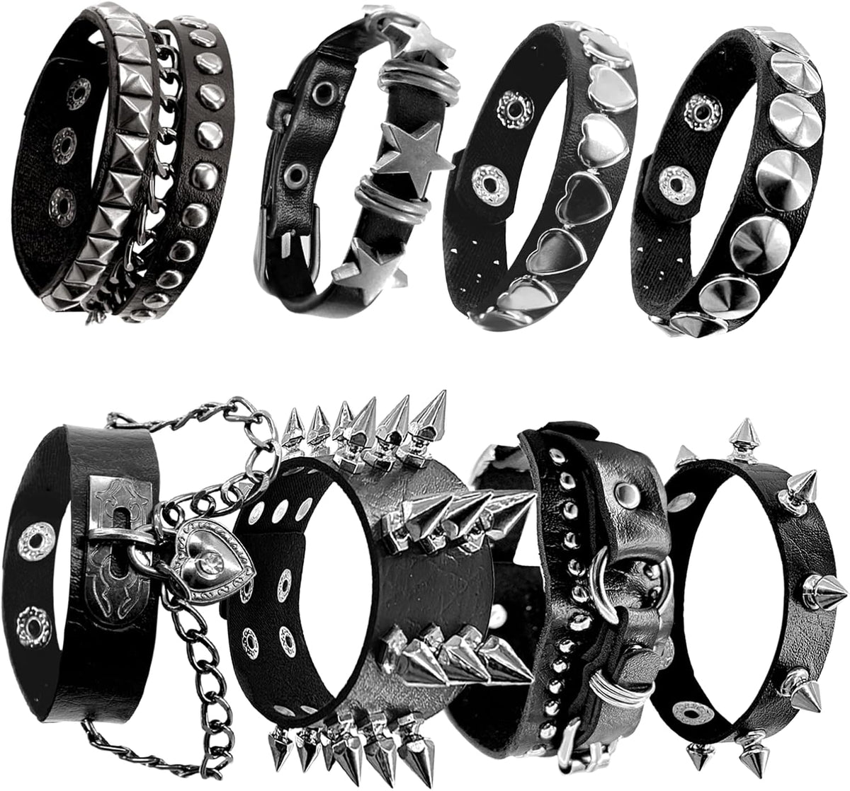 8pcs Spiked Bracelets Emo Bracelets Spike Bracelet Unisex，80s cool rock style, a must-have for parties, music festivals, and motorcycle enthusiasts