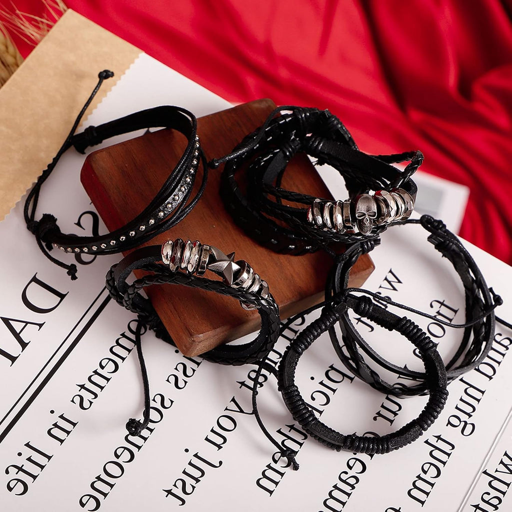MILAKOO 6Pcs Punk Leather Bracelets for Women Men Braided PU Wristband Skull Skeleton Accessories