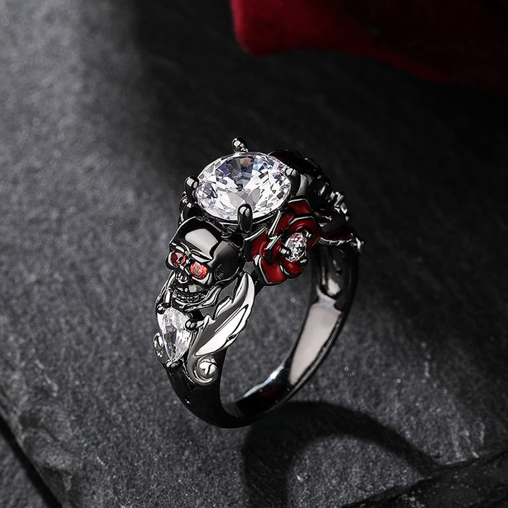 Jeulia 2.55ct Skull Engagement Ring Sets Sterling Silver Heart Cut Red Diamond Ruby Rings Cubic Zirconia Wedding Promise Anniversary Romantic Jewelry for Women Grils Bridal with Gift Box