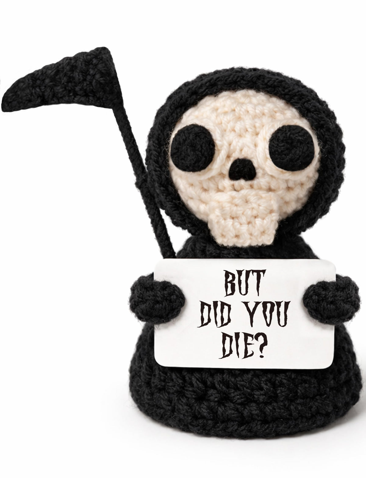 Funny Gothic Grim Reaper Crochet Plush - Spooky Cute Office Decor & Dark Humor Gift - Stay Positive Sarcastic Halloween Basket Stuffers for Coworker Friend White Elephant Adult