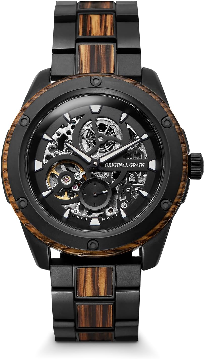 Original Grain Whiskey Black Rugged Automatic 44mm Wooden Watch for Men