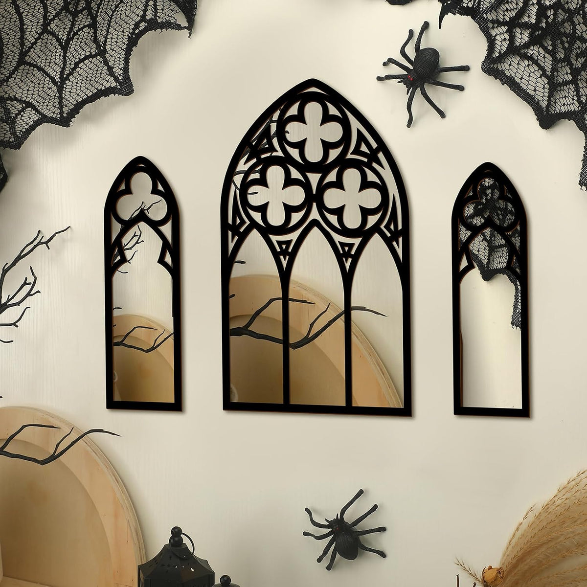 Barydat 3 Pack Gothic Mirror Wall Decor Vintage Cathedral Arch, Silver