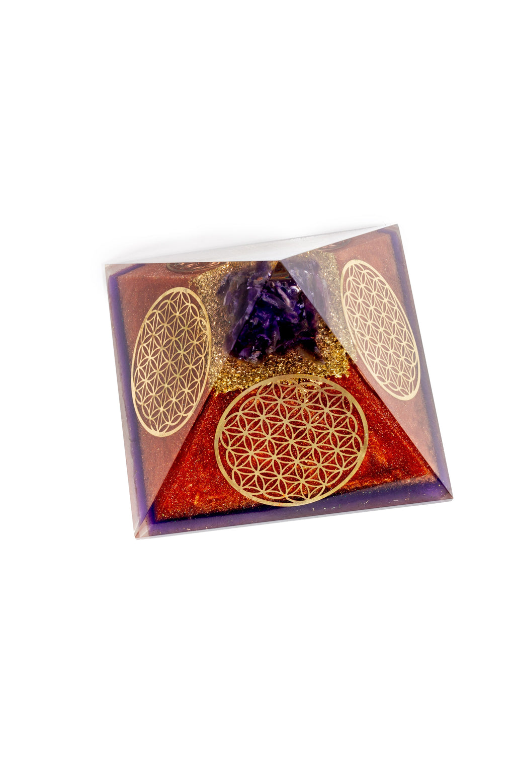 Flower of Life Copper Orgone Pyramid with Amethyst (Authentic- REAL)
