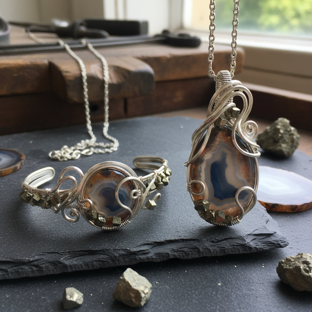 Silver plated non-tarnishing agate and Pyrite set