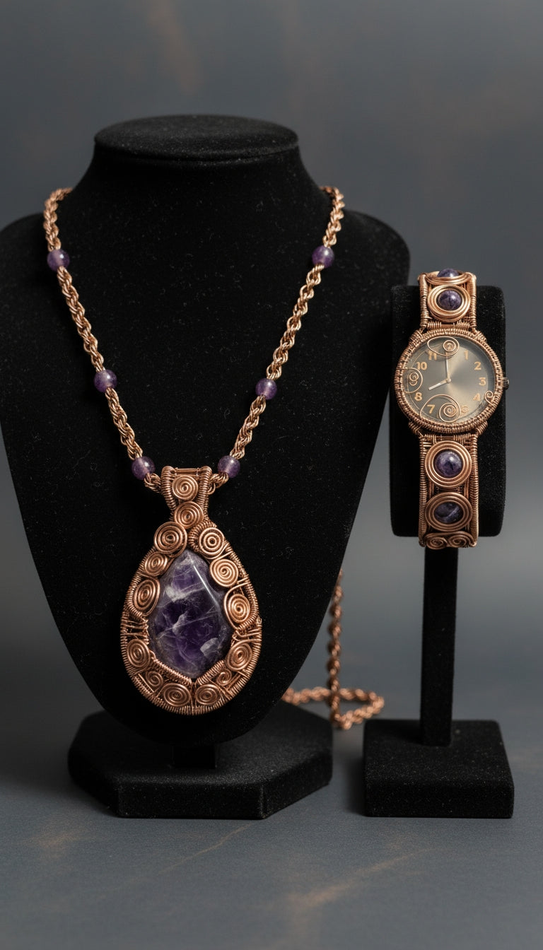 Wire Wrapped Amethyst Watch And 22” Necklace Set
