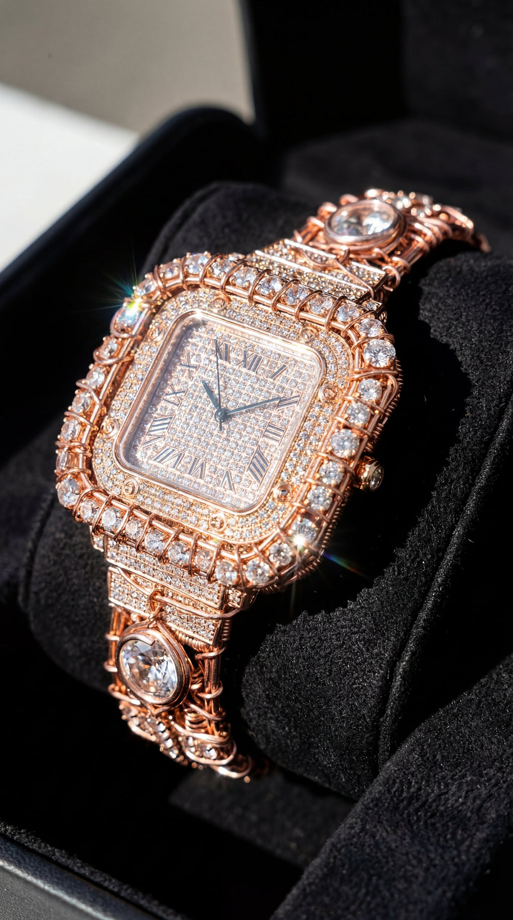 Call 505- 347-6539 to place a order on this piece:             Custom Wire Wrapped pure copper and rose gold moissanite diamond watch￼